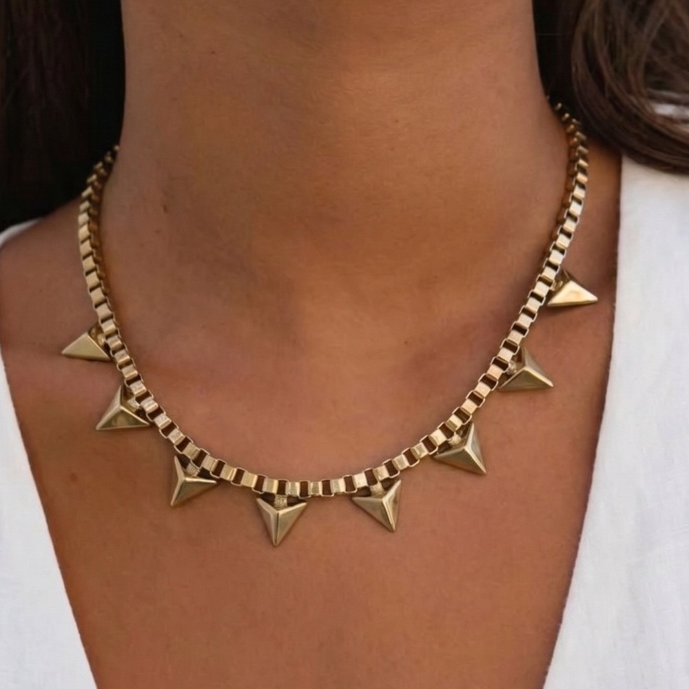 Gold Tone Box Chain Pyramid Stud Geometric Statement Necklace Womens